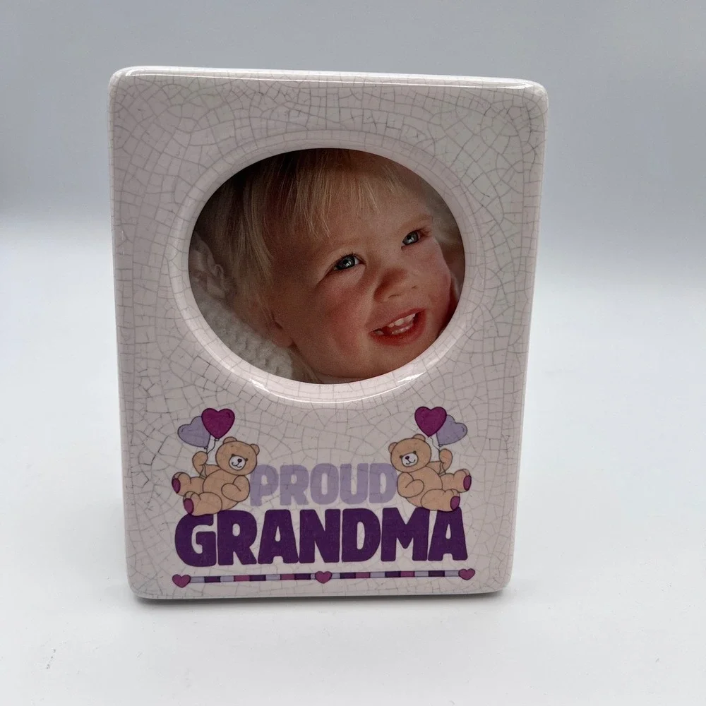 Russ Berrie Proud Grandma Ceramic Picture Frame Vintage Crackle Glaze Bears 5633
